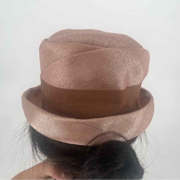Vintage 1960s Taupe Satin Tall Hat With Brown Ribbon Bow - Picture 9 of 11
